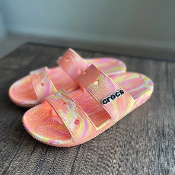 NWOT Crocs Unisex Marbled Slides in Pink and Orange - Picture 2 of 7